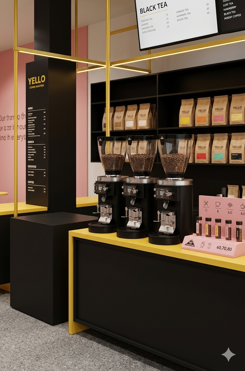 Yello Coffee Roasters εσωτερικό κατάστημα με επαγγελματικούς μύλους καφέ και specialty coffee προϊόντα
