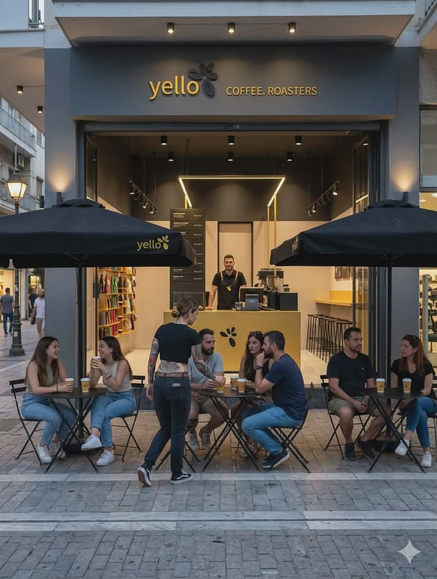 Yello Coffee Roasters κατάστημα εξωτερικός χώρος βράδυ πελάτες specialty coffee franchise Ελλάδα