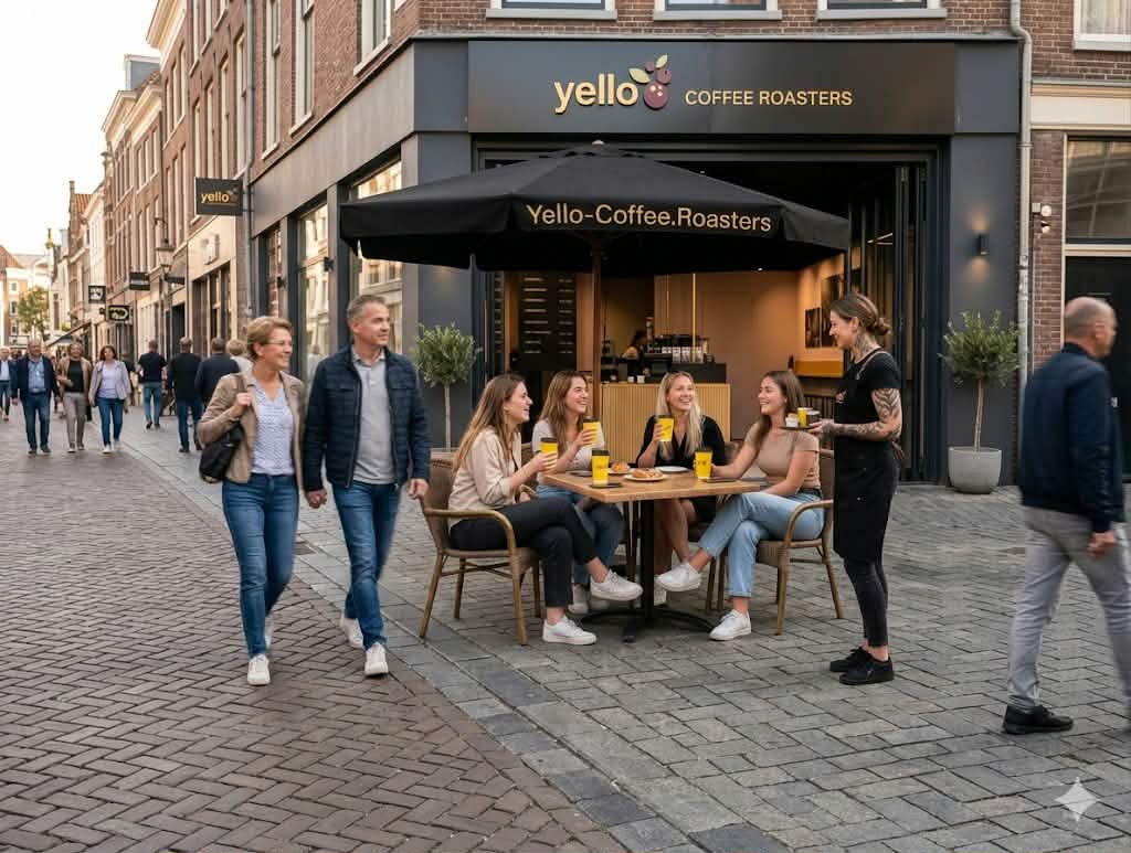 Yello Coffee Roasters εξωτερικό κατάστημα με πελάτες και τέντα franchise specialty coffee Ελλάδα